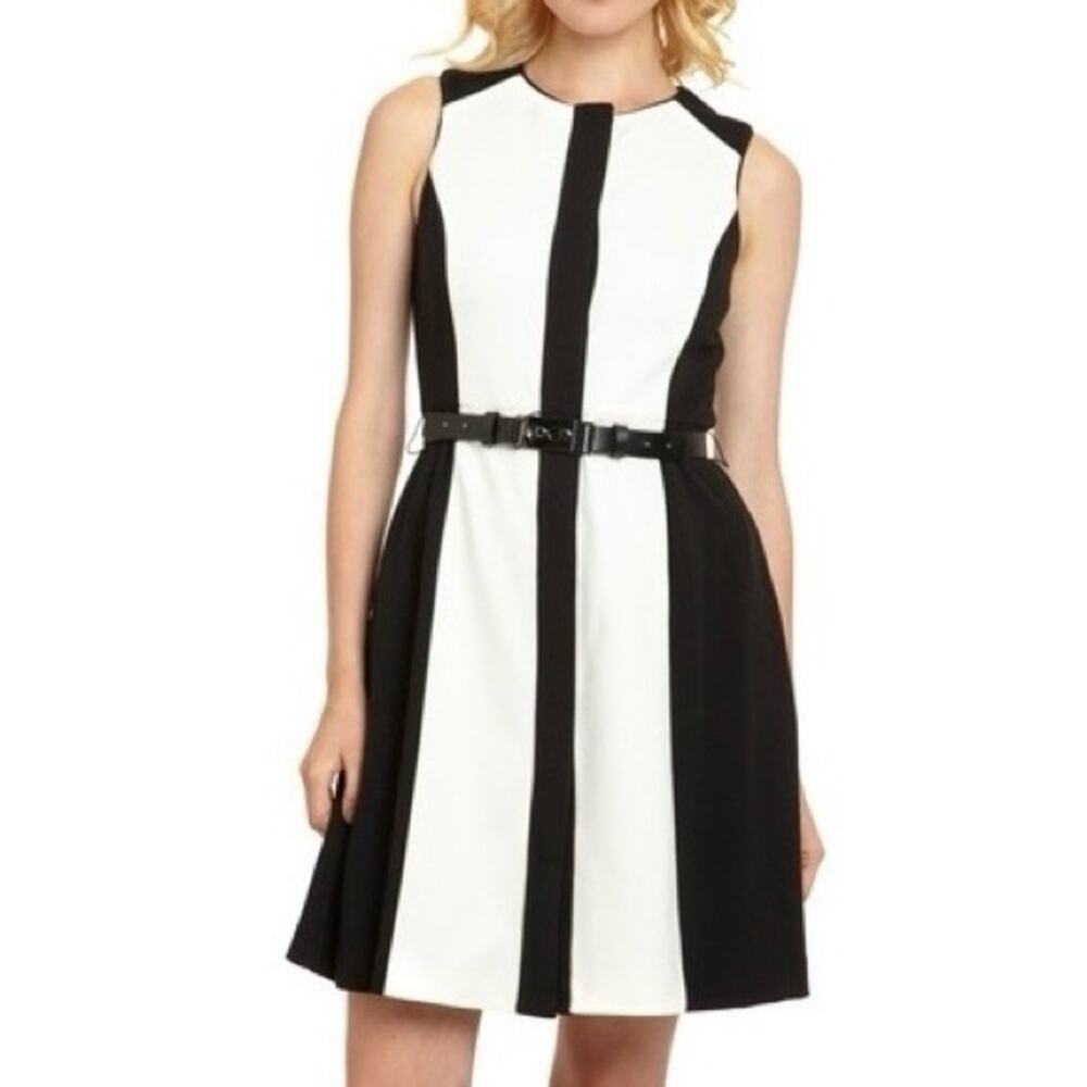 EUC Vince Camuto Black and White Belted Sleeveless Dress. Size 8
